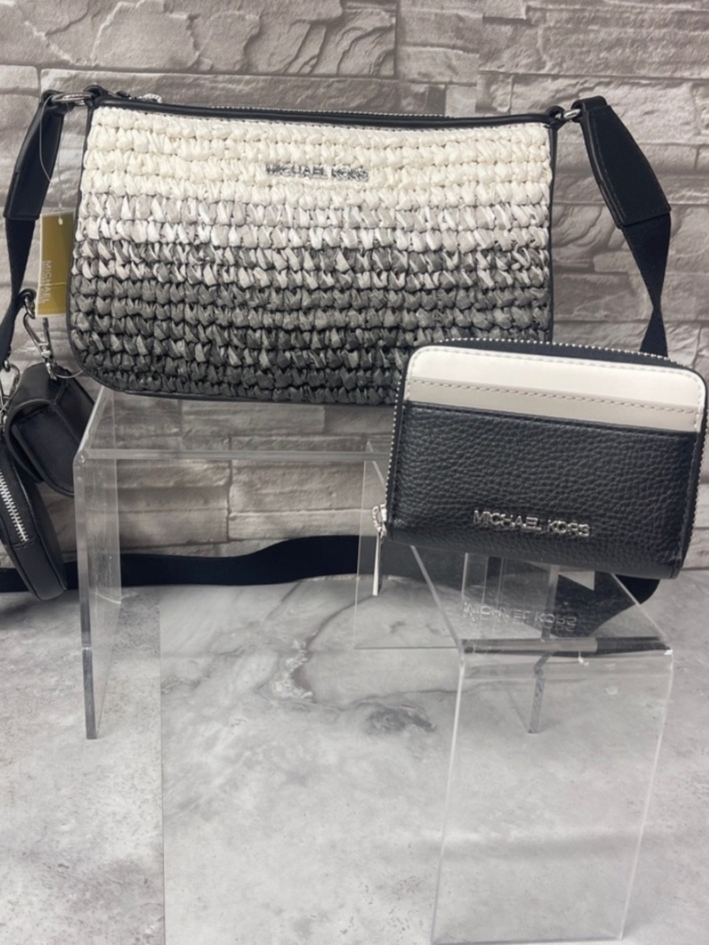 Michael Kors Straw Tech Crossbody Bag Black White Gray Ombré & Matching Wallet
